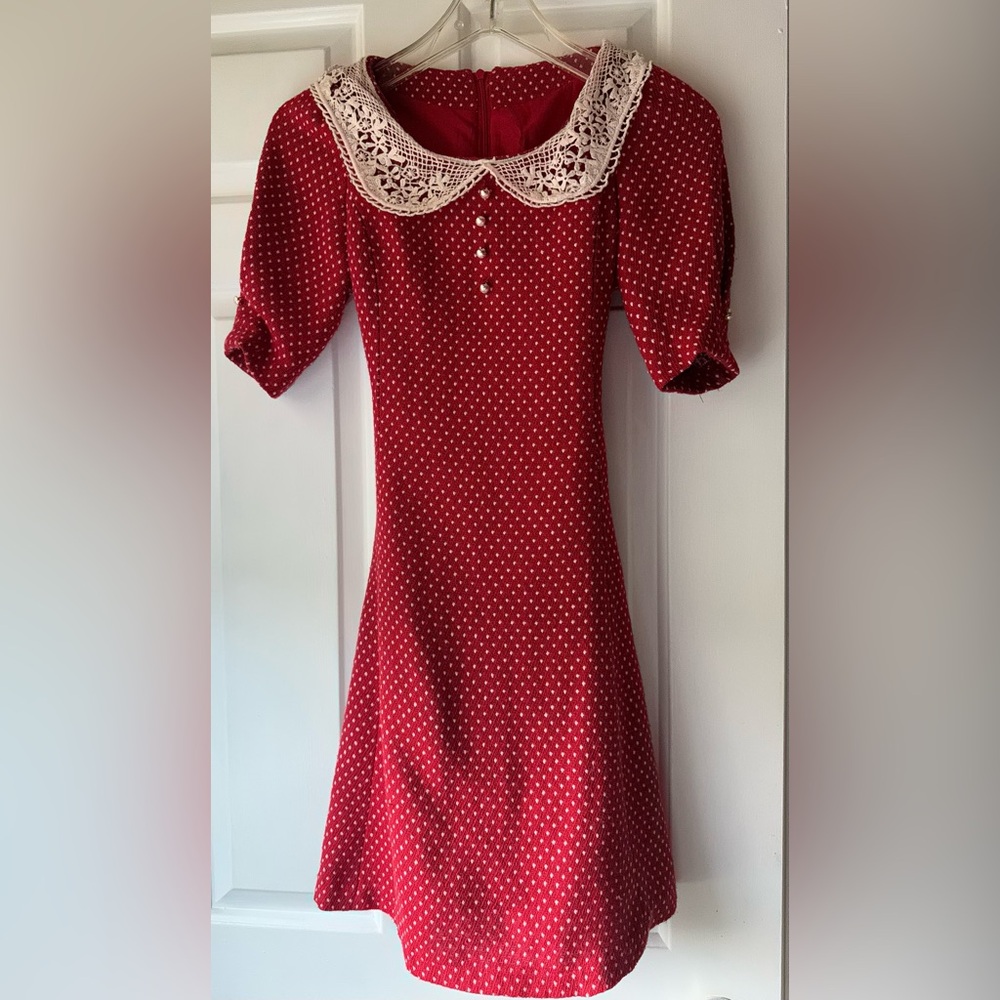 Vintage Lace Collar Red Polka Dot Cottagecore Dress
